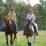 Girls in the hay field riding horses.